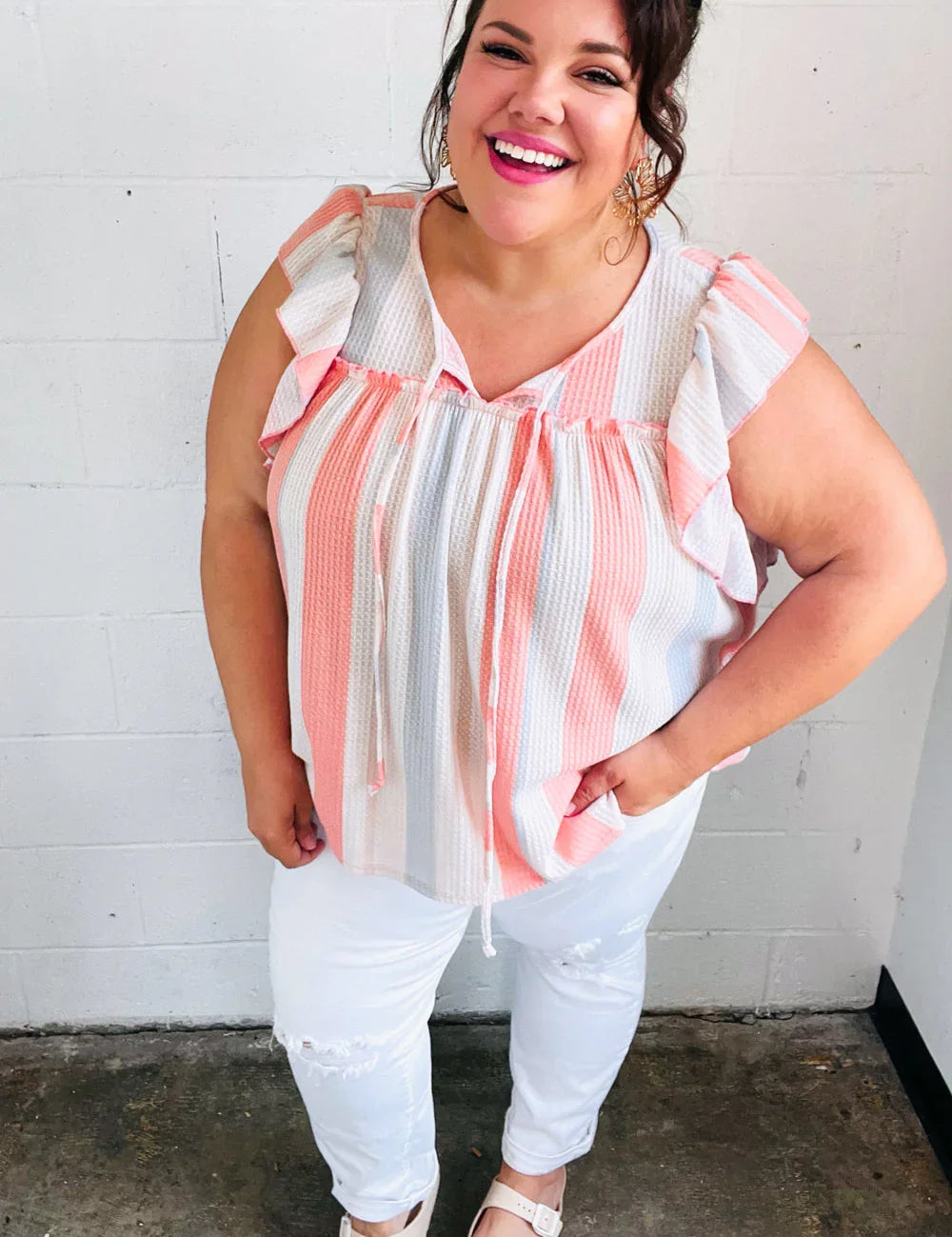 Coral & Light Blue Stripe Waffle Tie Neck Top | Daverri Fashions