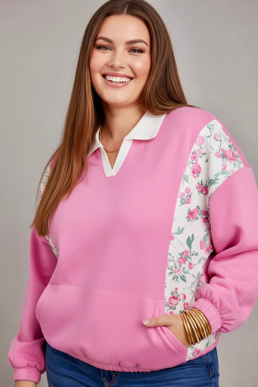 Plus Size Contrast Polo Collar Floral Patchwork Elastic Cuffs Long Sleeve Top
