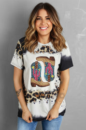 Sequin Boots Leopard Round Neck Short Sleeve T-Shirt | T-Shirts Daverri Fashions