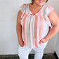 Coral & Light Blue Stripe Waffle Tie Neck Top - DAVERRI FASHIONS