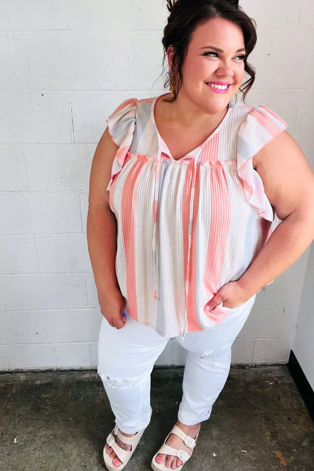 Coral & Light Blue Stripe Waffle Tie Neck Top - DAVERRI FASHIONS