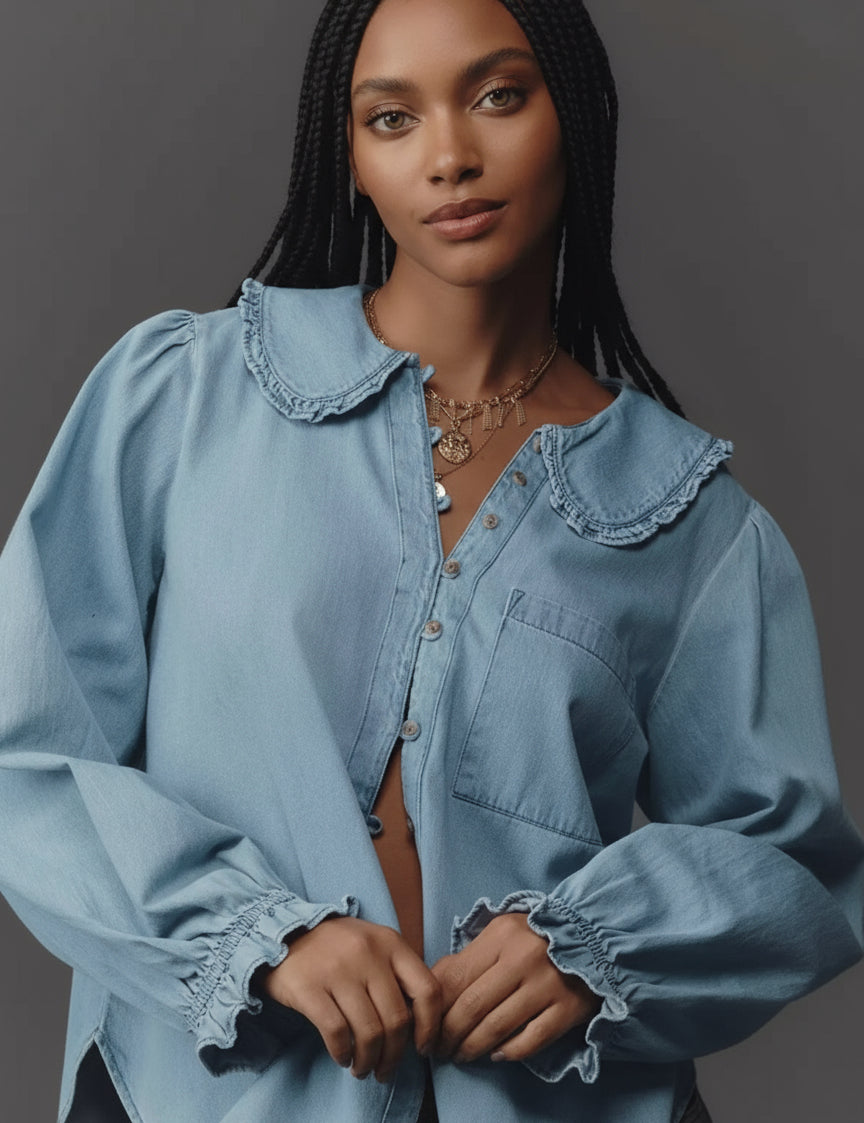 Peter Pan Collar Ruffled Denim Shirt | Shirts Daverri Fashions