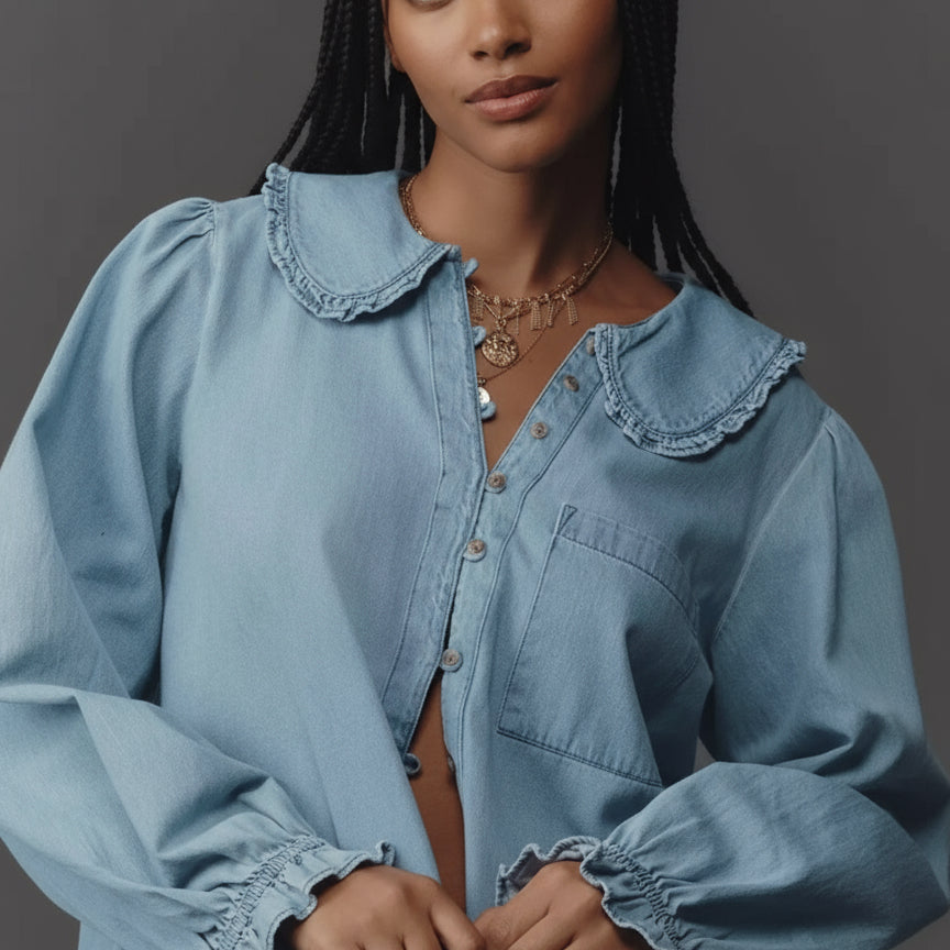 Peter Pan Collar Ruffled Denim Shirt | Shirts Daverri Fashions