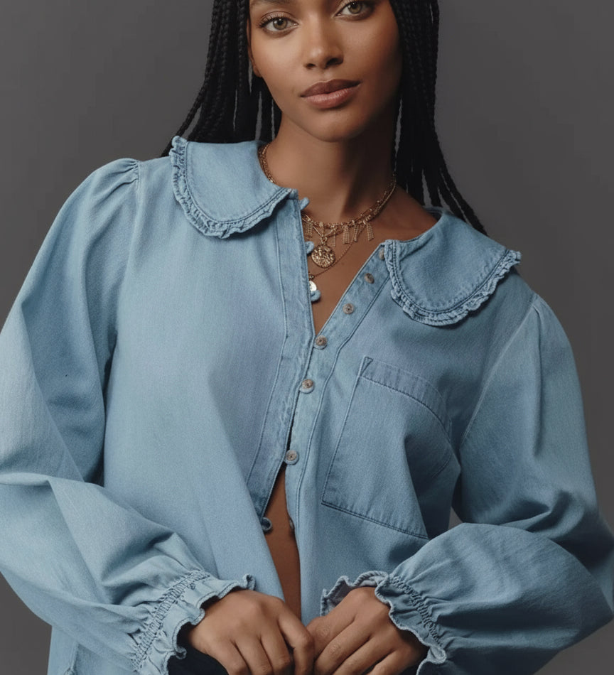 Peter Pan Collar Ruffled Denim Shirt | Shirts Daverri Fashions