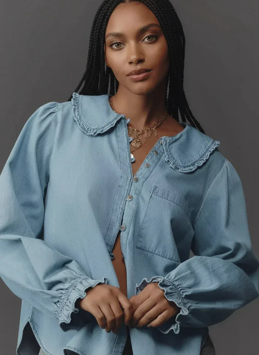 Daverri Fashions Peter Pan Collar Ruffled Denim Shirt - DAVERRI FASHIONS