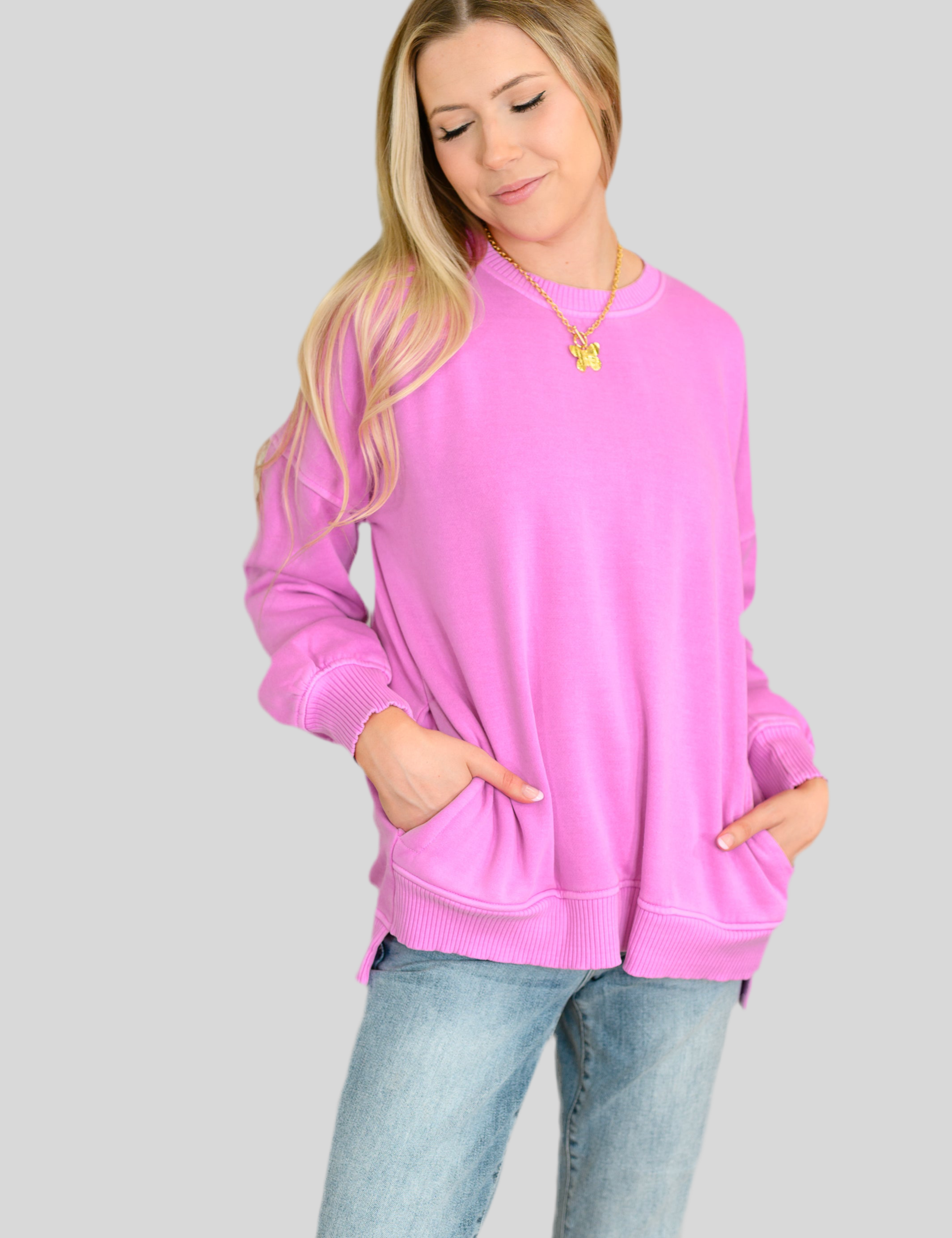 Stepped Hem Pullover in Bright Mauve | Tops Daverri Fashions