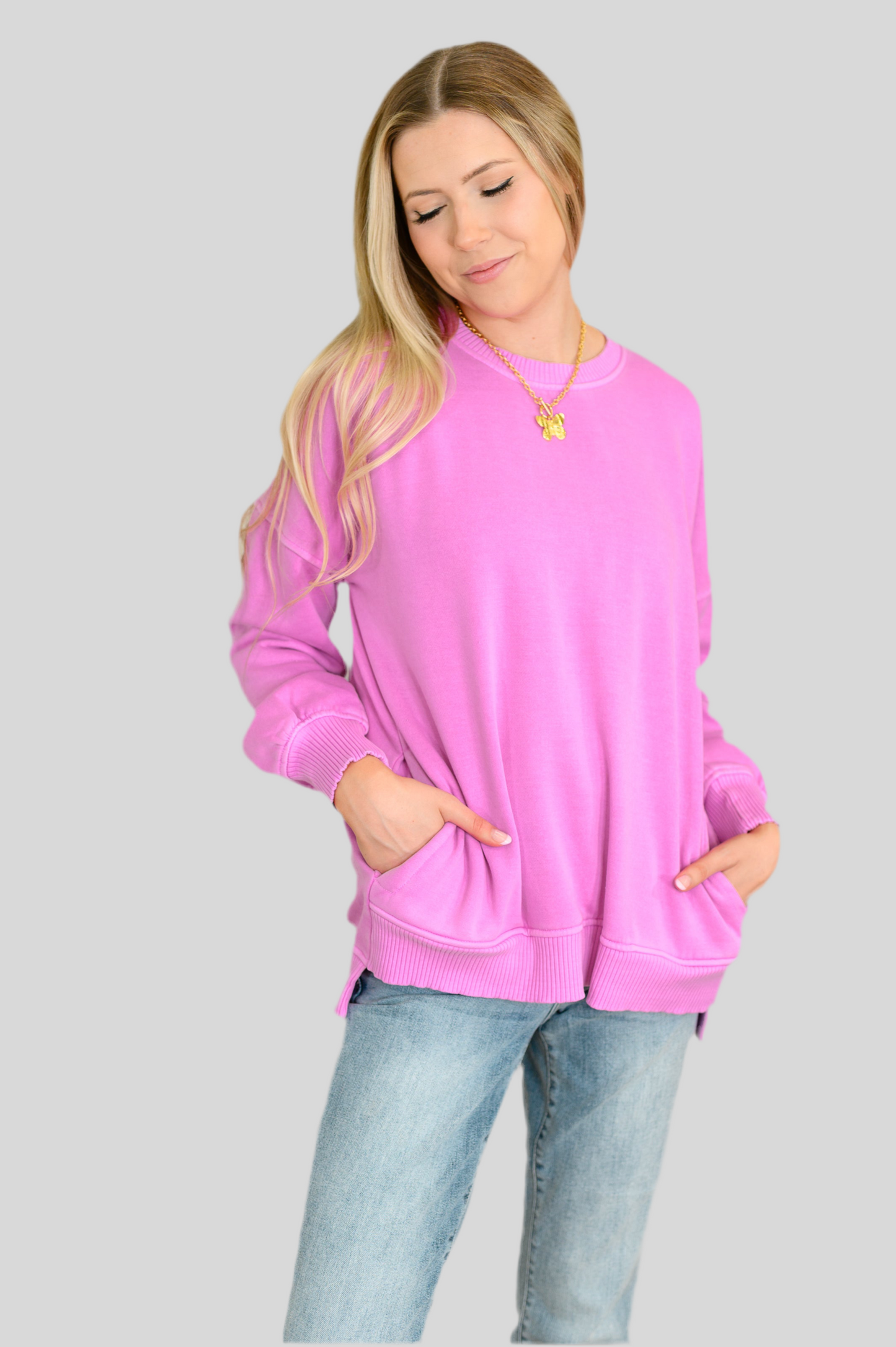 Stepped Hem Pullover in Bright Mauve