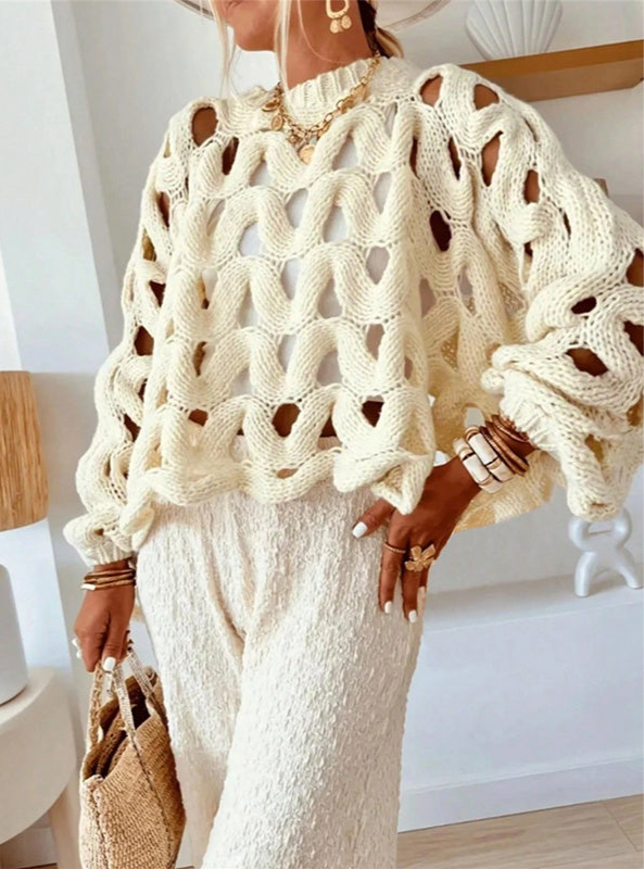 Soft Crewneck Long Sleeve Crochet Knit Oversized Sweater