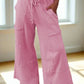 Mineral Wash Exposed Seam Drawstring High Waist Wide Leg Cargo Pants - DAVERRI FASHIONS