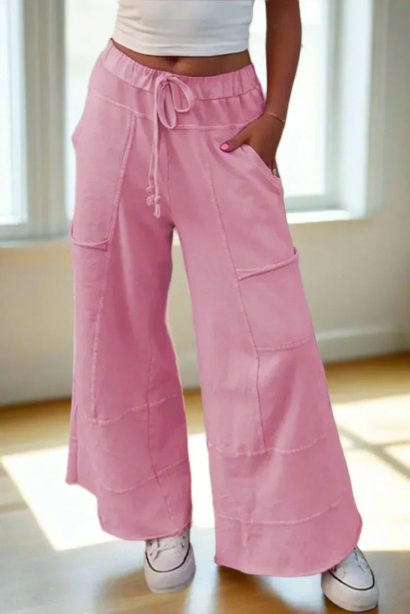Mineral Wash Exposed Seam Drawstring High Waist Wide Leg Cargo Pants - DAVERRI FASHIONS