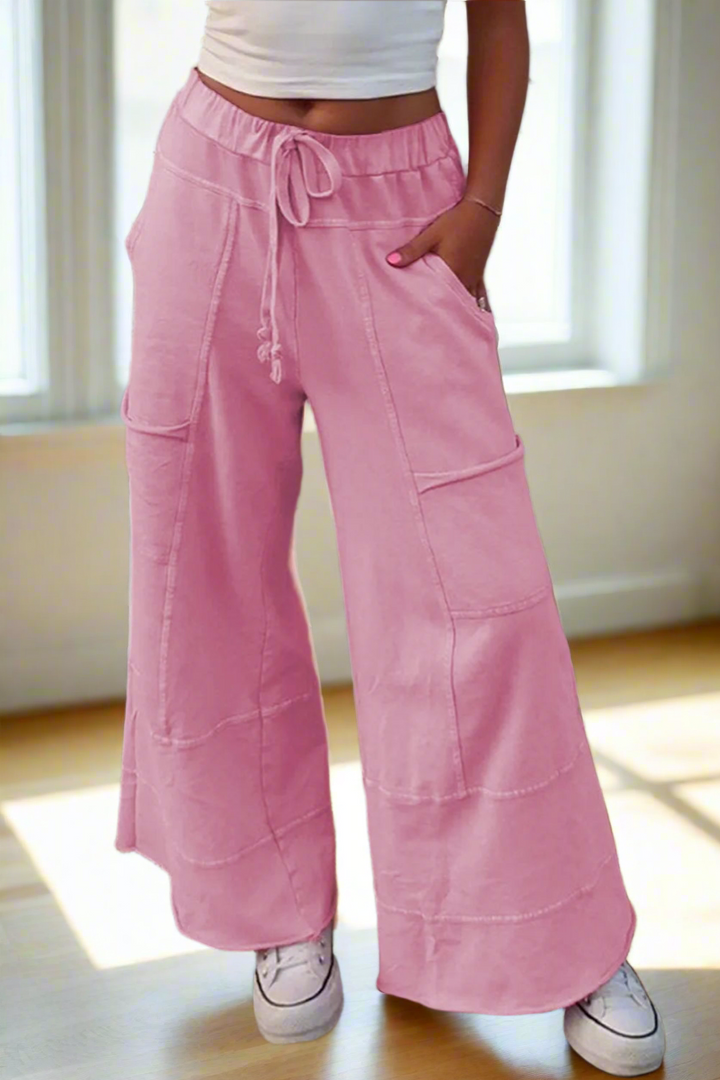 Mineral Wash Exposed Seam Drawstring High Waist Wide Leg Cargo Pants