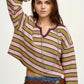 Daverri Fashions Striped Waffle Texture Notched Neck Long Sleeve Top - DAVERRI FASHIONS