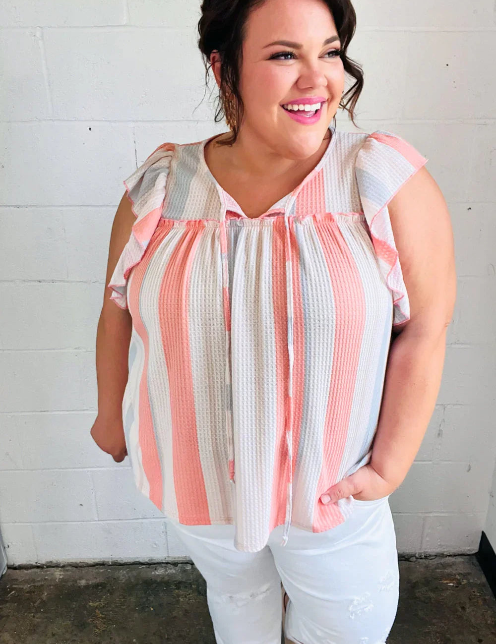 Coral & Light Blue Stripe Waffle Tie Neck Top | Daverri Fashions