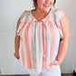 Coral & Light Blue Stripe Waffle Tie Neck Top - DAVERRI FASHIONS