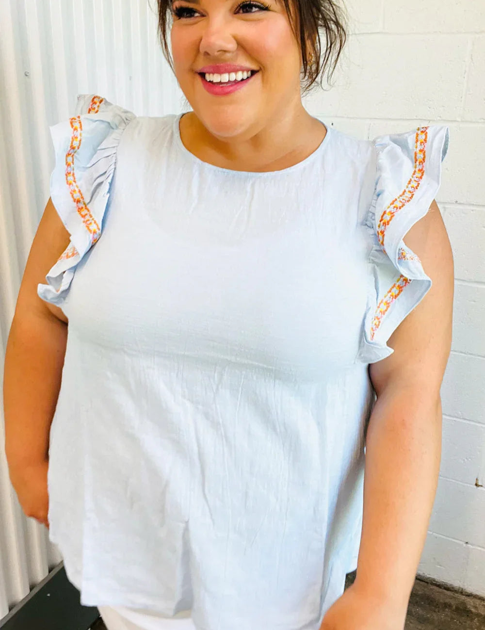 Chambray Embroidered Flutter Sleeve Top | Daverri Fashions