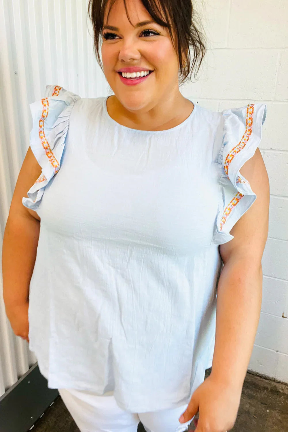 Chambray Embroidered Flutter Sleeve Top | Daverri Fashions