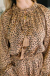 Oddi Cheetah Print Tassel Tie Tiered Mini Dress in Pecan Brown | Mini Dresses Daverri Fashions
