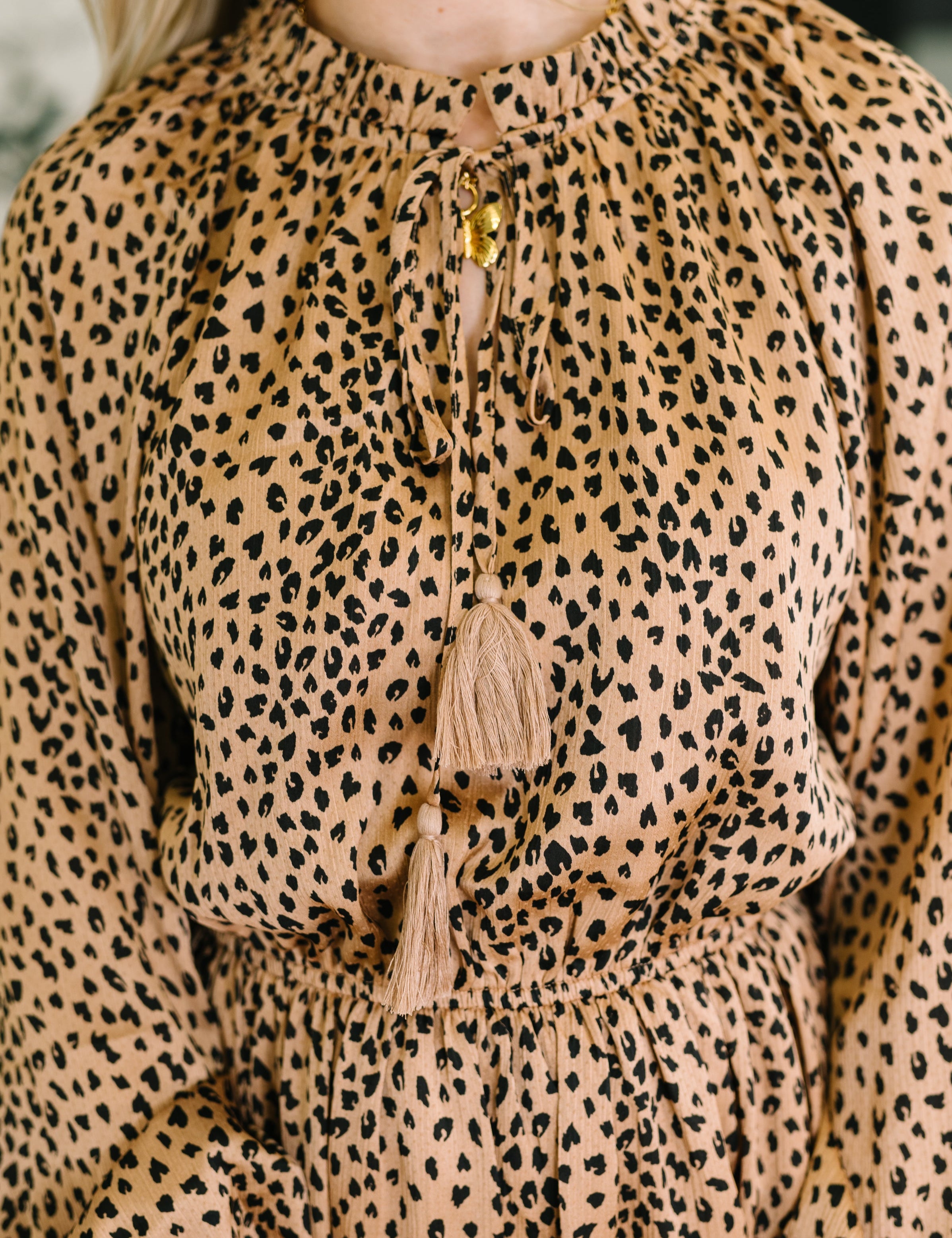 Oddi Cheetah Print Tassel Tie Tiered Mini Dress in Pecan Brown | Mini Dresses Daverri Fashions