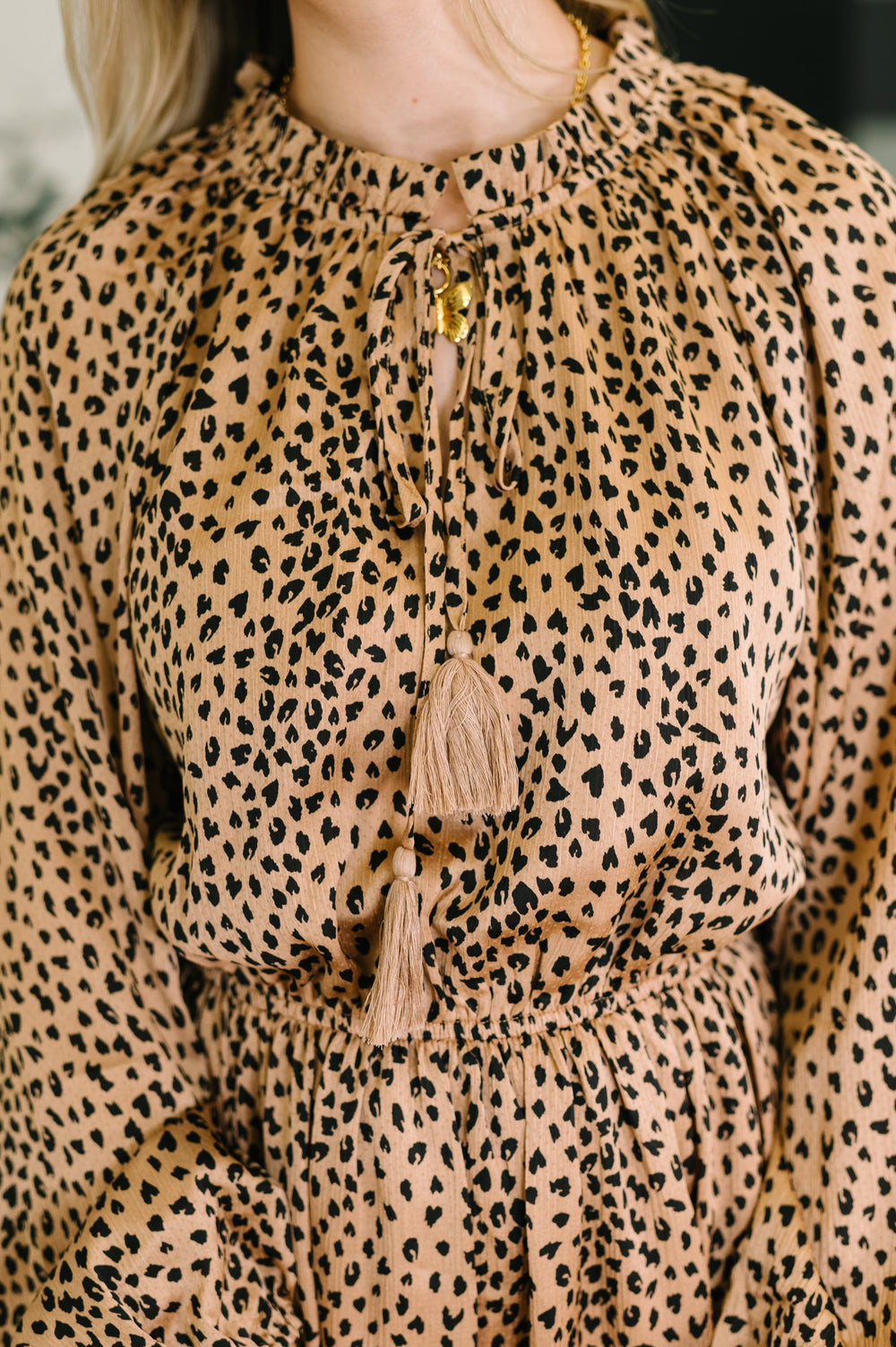 Oddi Cheetah Print Tassel Tie Tiered Mini Dress in Pecan Brown | Mini Dresses Daverri Fashions