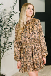 Oddi Cheetah Print Tassel Tie Tiered Mini Dress in Pecan Brown | Mini Dresses Daverri Fashions