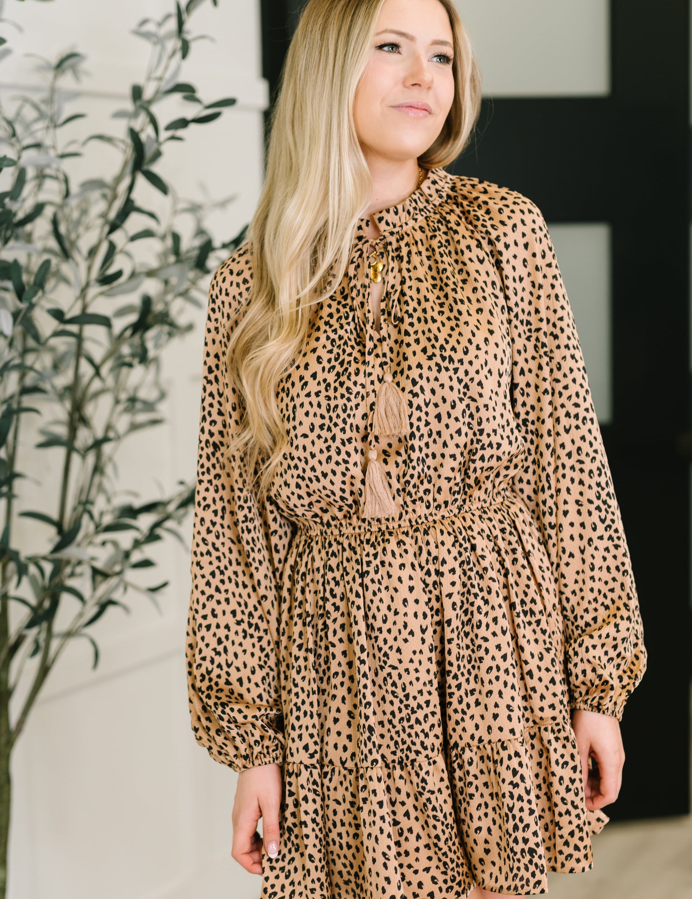 Oddi Cheetah Print Tassel Tie Tiered Mini Dress in Pecan Brown | Mini Dresses Daverri Fashions