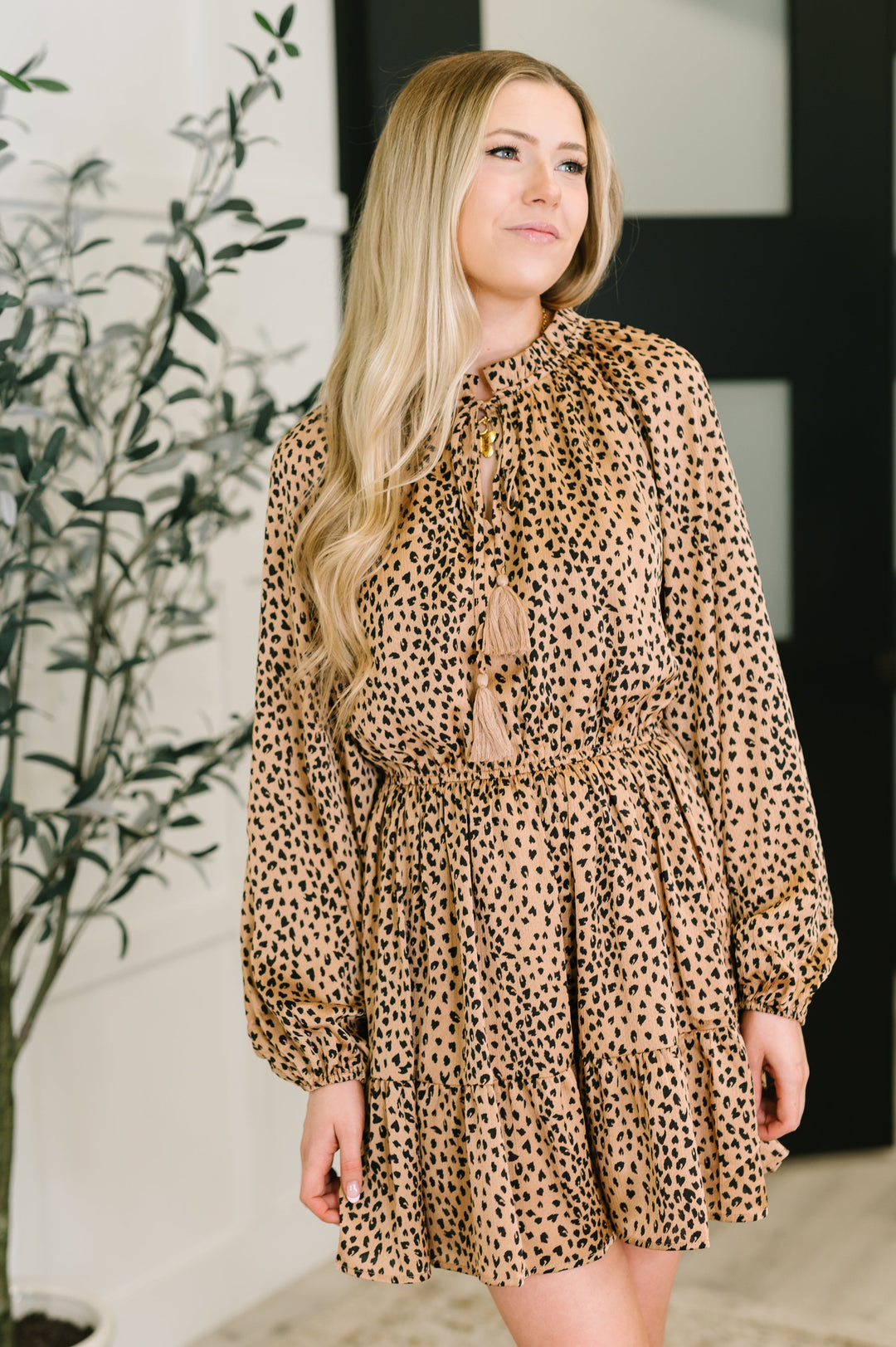 Oddi Cheetah Print Tassel Tie Tiered Mini Dress in Pecan Brown | Mini Dresses Daverri Fashions