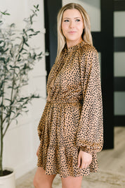 Oddi Cheetah Print Tassel Tie Tiered Mini Dress in Pecan Brown | Mini Dresses Daverri Fashions