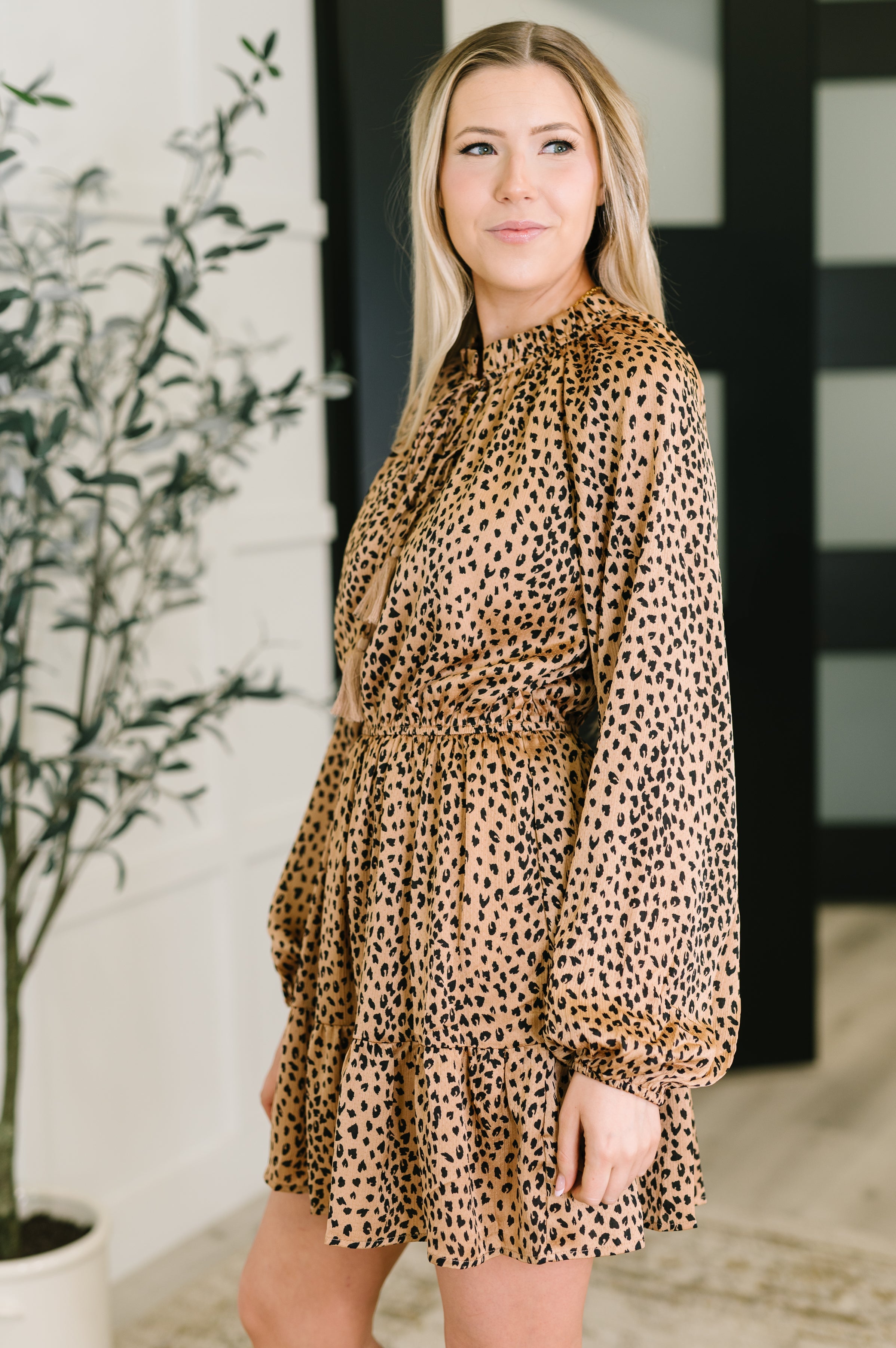 Oddi Cheetah Print Tassel Tie Tiered Mini Dress in Pecan Brown | Mini Dresses Daverri Fashions
