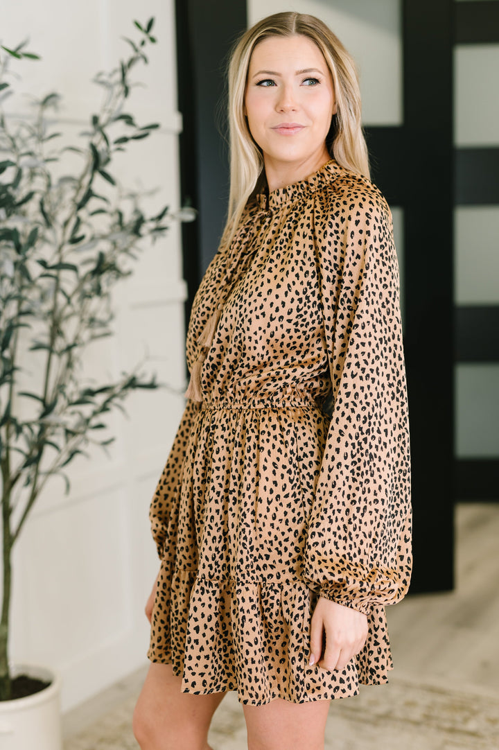 Oddi Cheetah Print Tassel Tie Tiered Mini Dress in Pecan Brown | Mini Dresses Daverri Fashions
