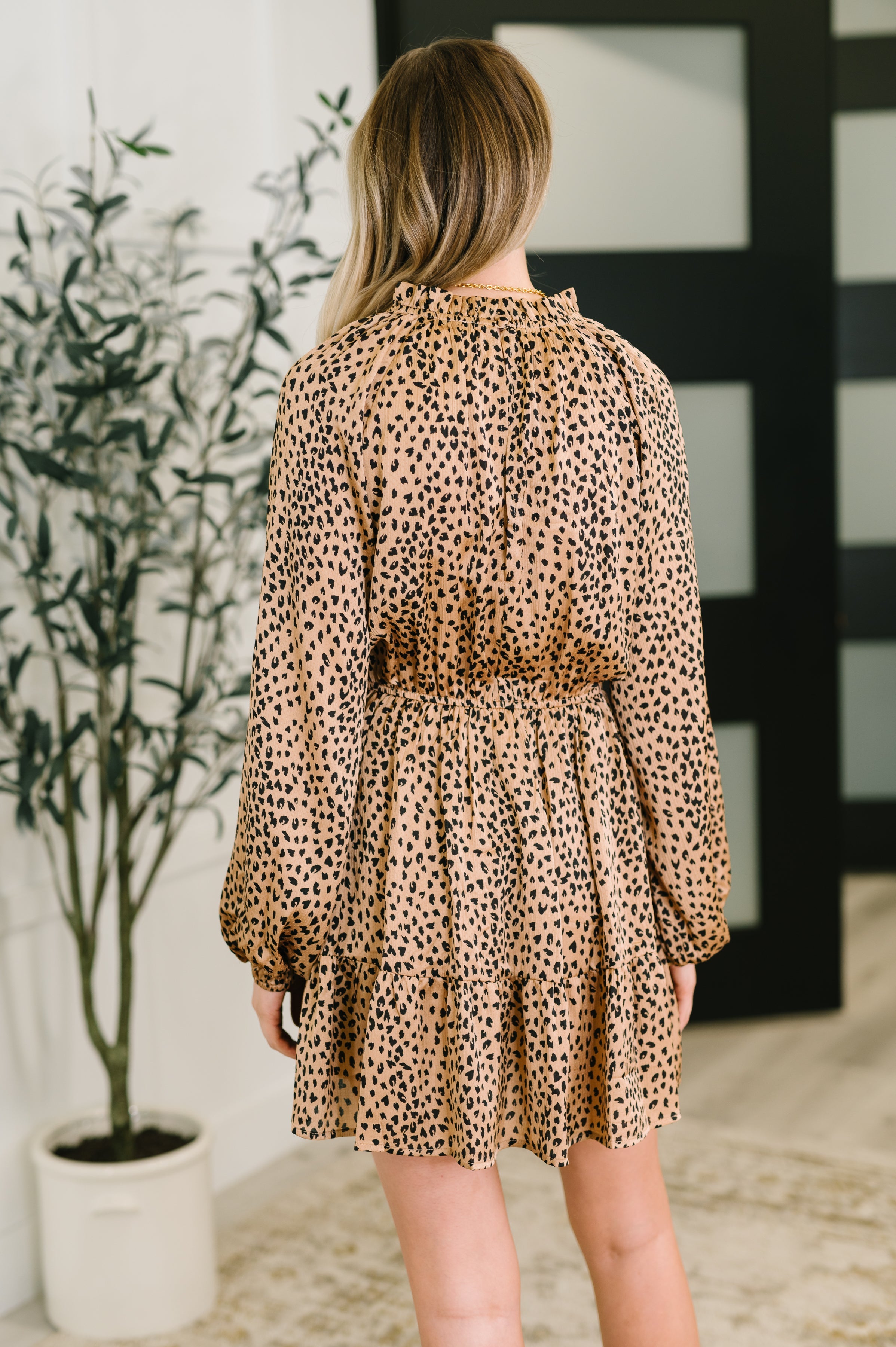 Oddi Cheetah Print Tassel Tie Tiered Mini Dress in Pecan Brown | Mini Dresses Daverri Fashions