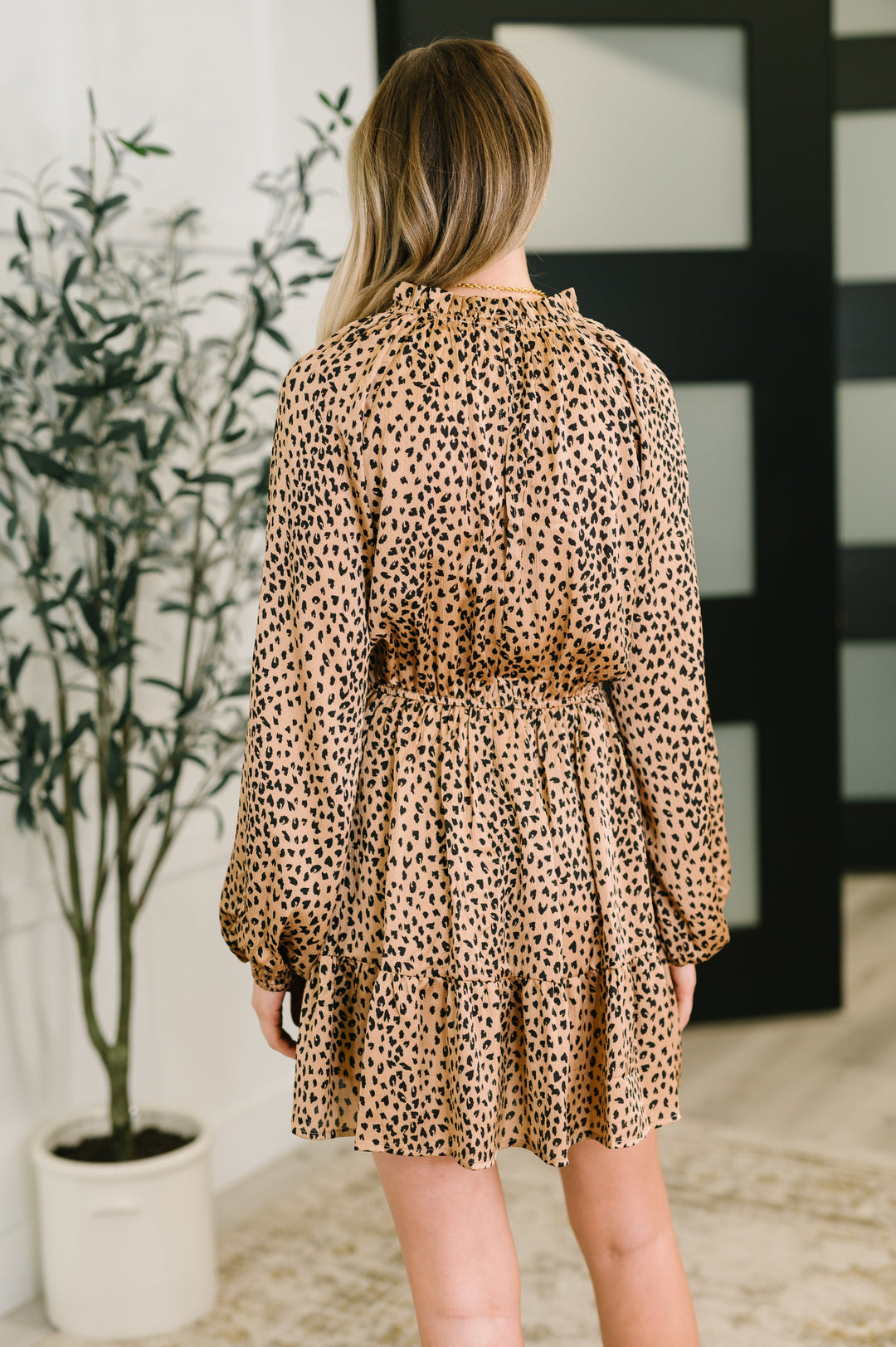 Oddi Cheetah Print Tassel Tie Tiered Mini Dress in Pecan Brown | Mini Dresses Daverri Fashions