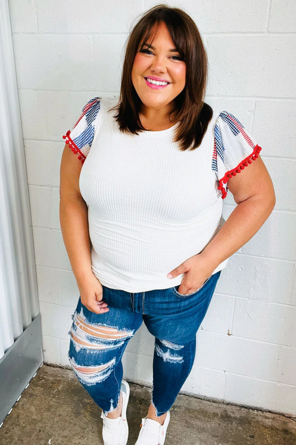 Patriotic Pom Pom Lace Flutter Sleeve Top | 2024 Blow-Out Sale Daverri Fashions