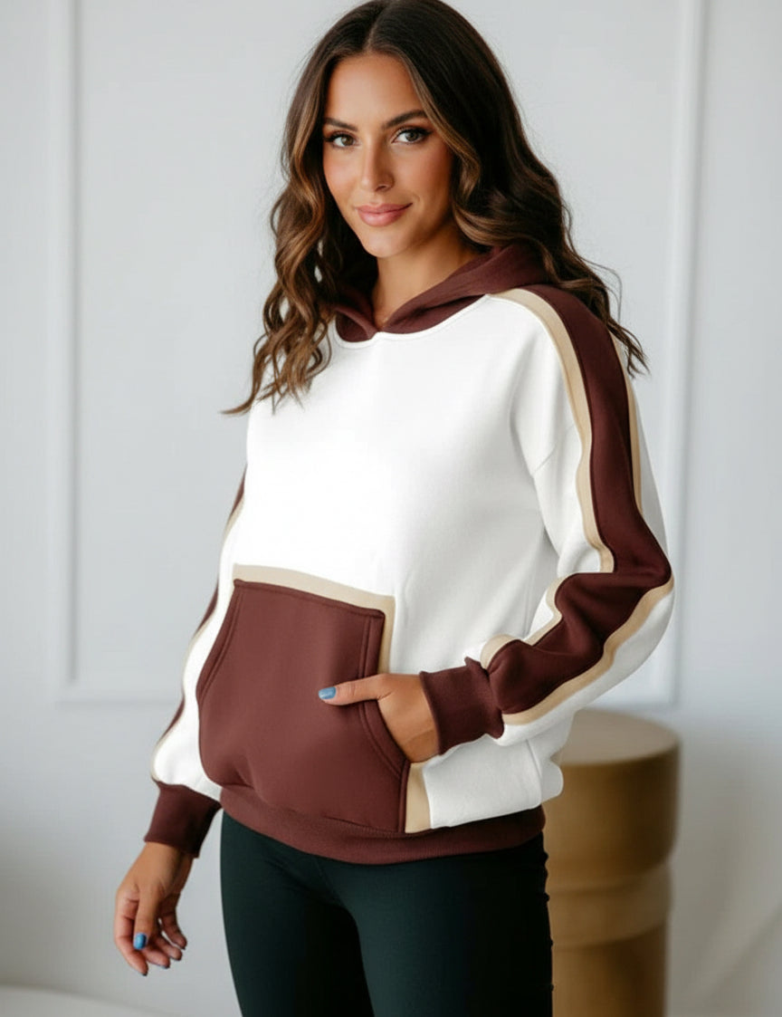 Cream and maroon colorblock hooded sweatshirt with pockets and ribbed cuffs