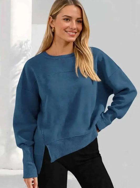 Daverri Fashions Casual Loose Side Slit Sweatshirt - DAVERRI FASHIONS
