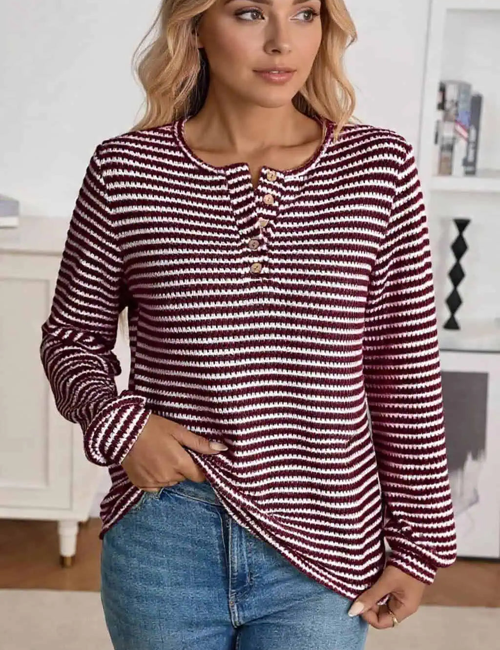 Daverri Fashions burgundy white striped lace-up henley top