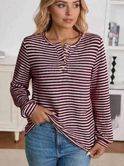 Daverri Fashions burgundy white striped lace-up henley top