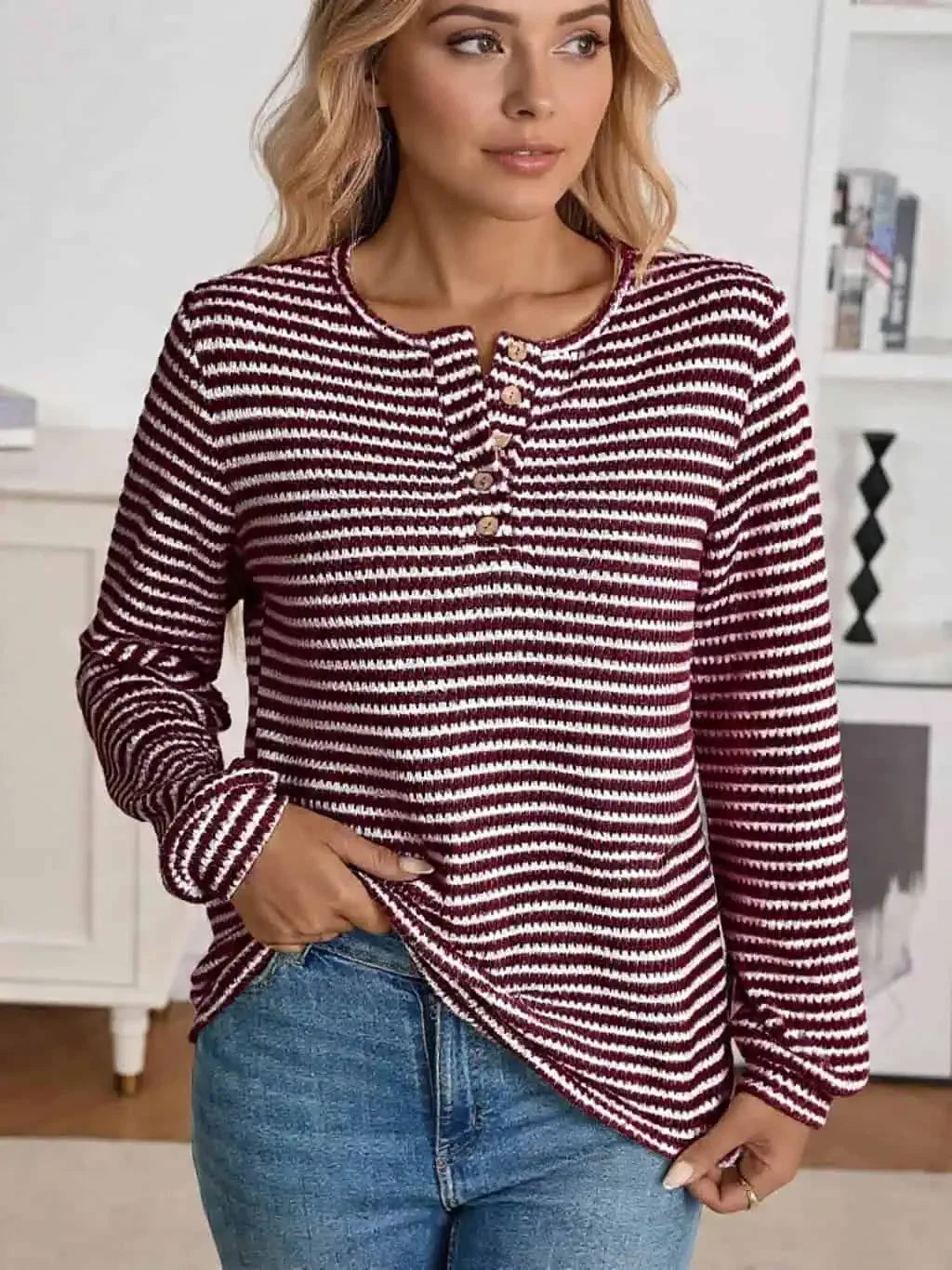Daverri Fashions burgundy white striped lace-up henley top