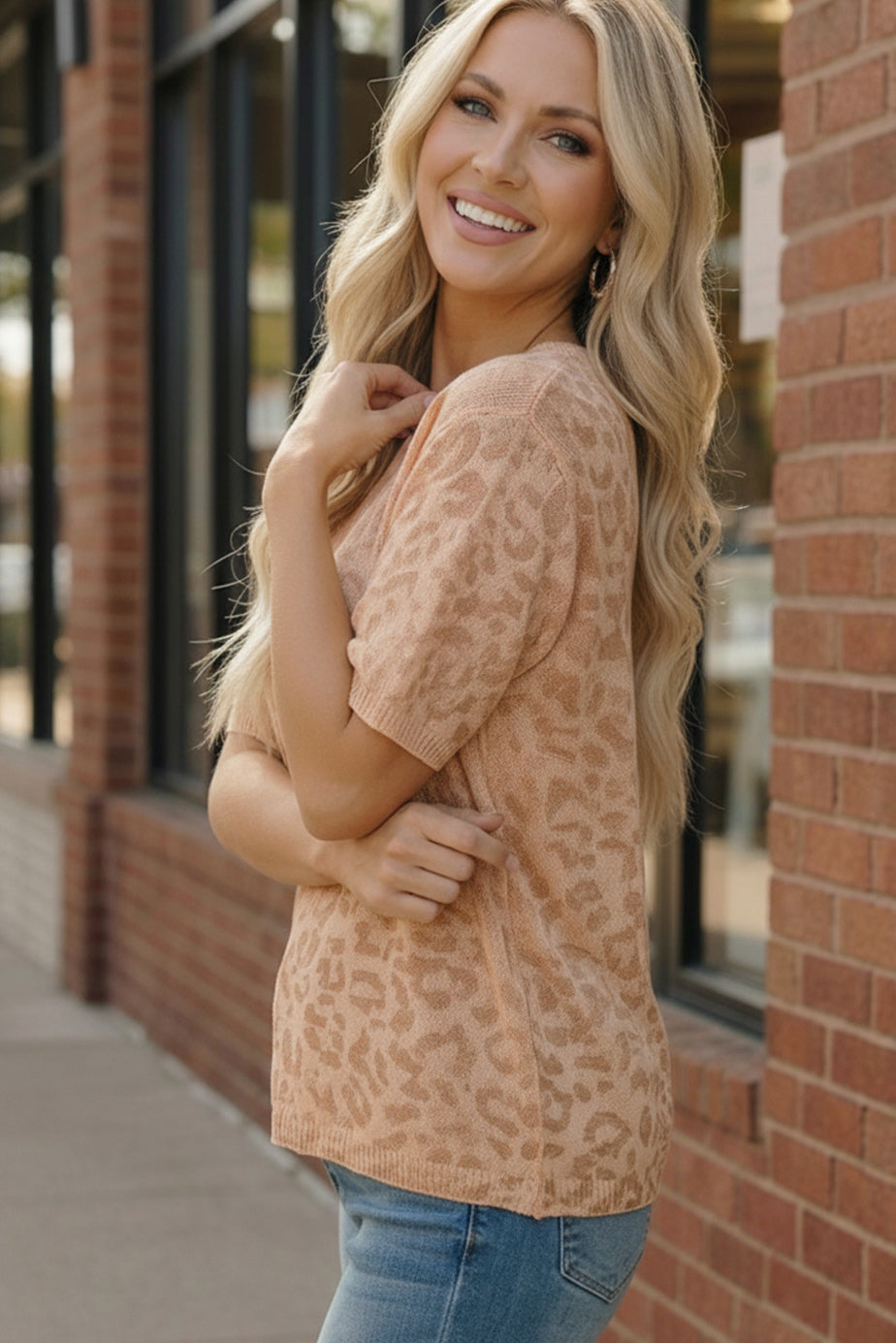 Blush Safari Knit Top in soft peach with subtle leopard print