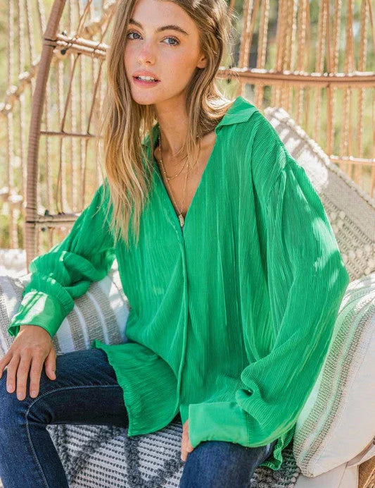 The Grass is Always Greener Pleated Silk Blouse | Daverri Fashions