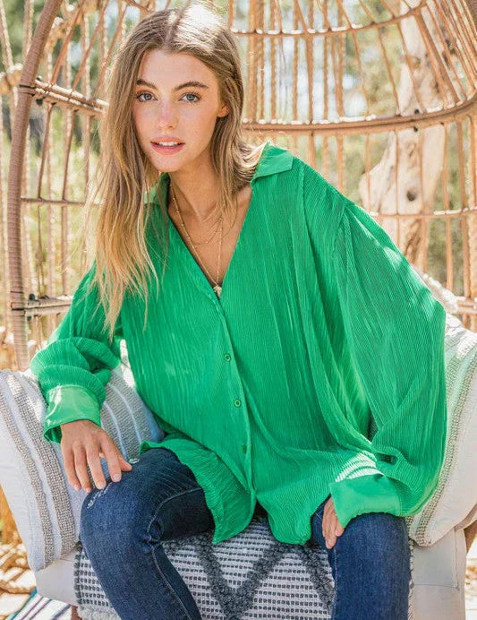 The Grass is Always Greener Pleated Silk Blouse | Daverri Fashions
