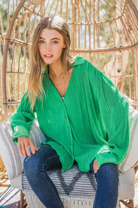 The Grass is Always Greener Pleated Silk Blouse | Daverri Fashions