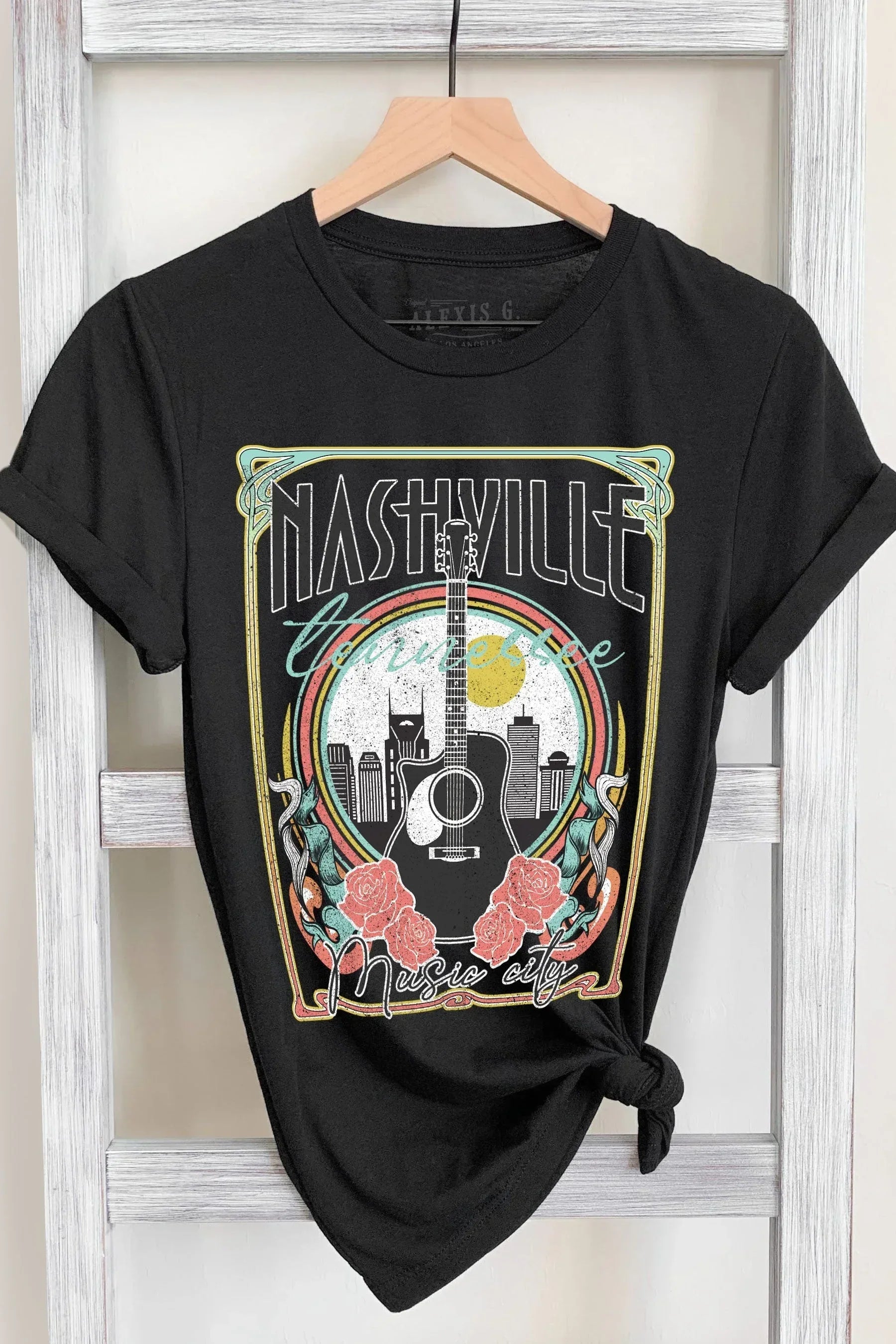Black Cotton Nashville Graphic Knit Tee - DAVERRI FASHIONS