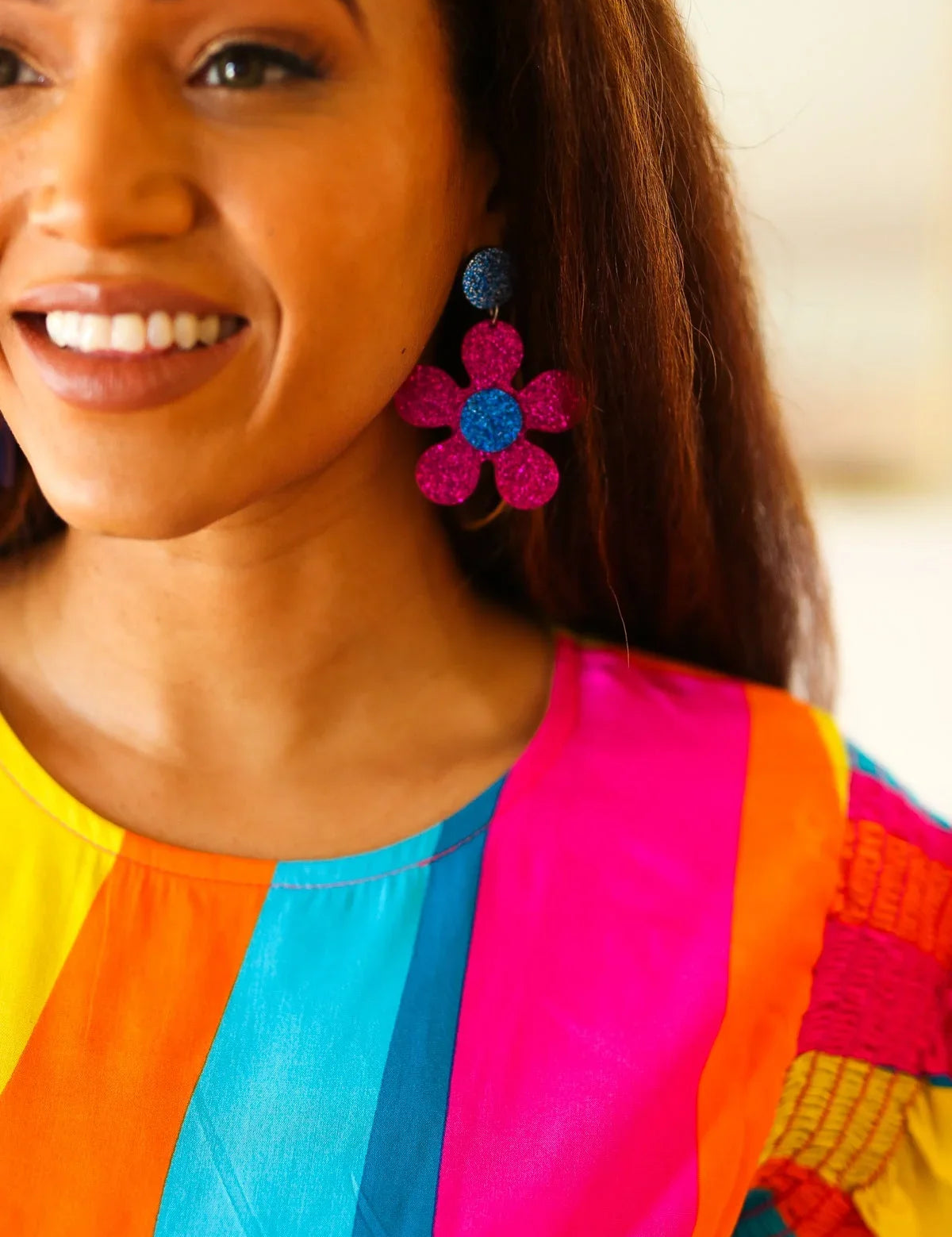 Blue & Magenta Glitter Mod Daisy Earrings | 2024 Blow-Out Sale Daverri Fashions