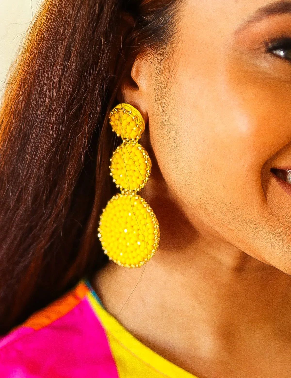 Yellow Beaded Round Pendant Earrings | 07-01-25 Summer Sale Daverri Fashions