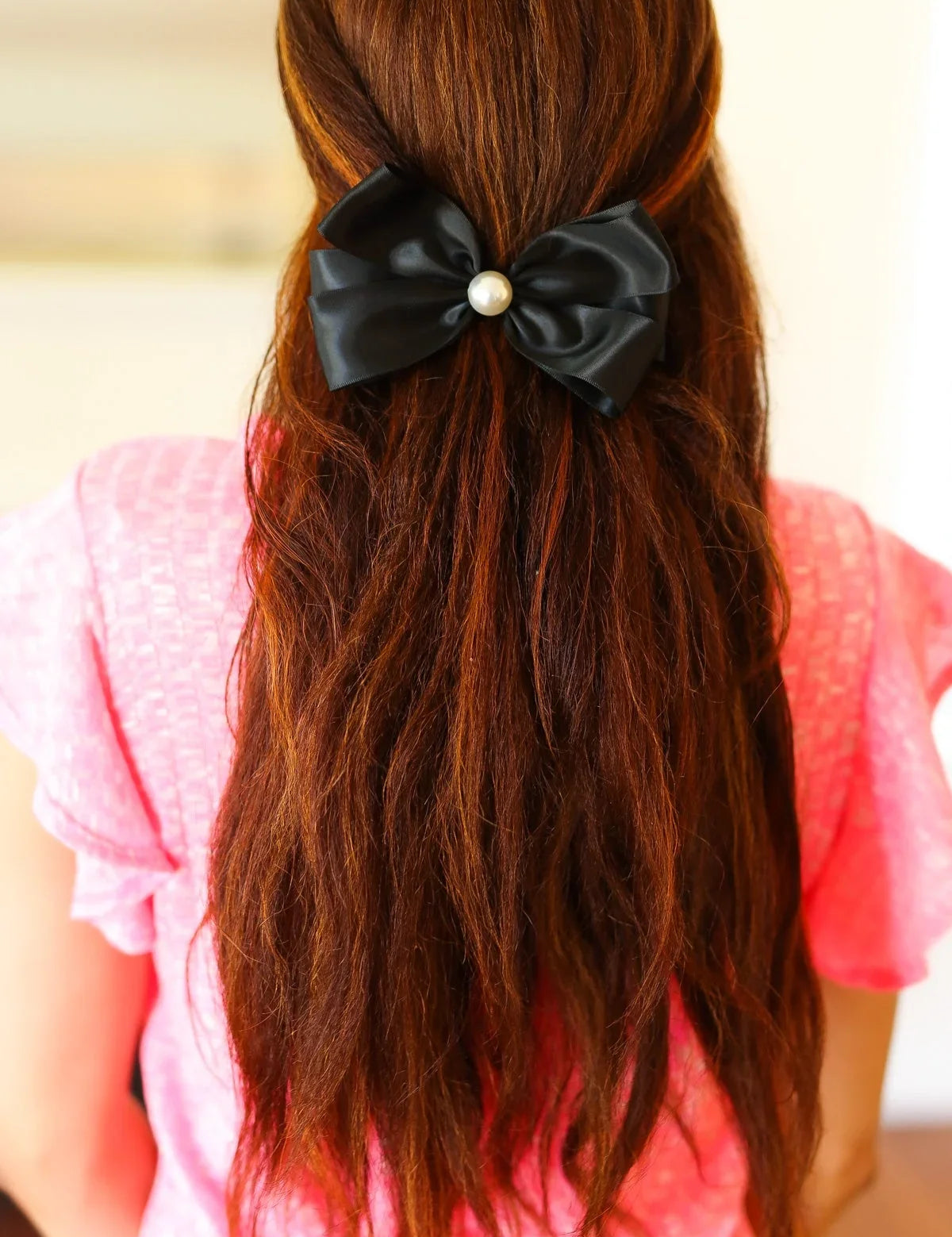 Black Satin Pearl Detail Coquette Bow | 2024 Blow-Out Sale Daverri Fashions