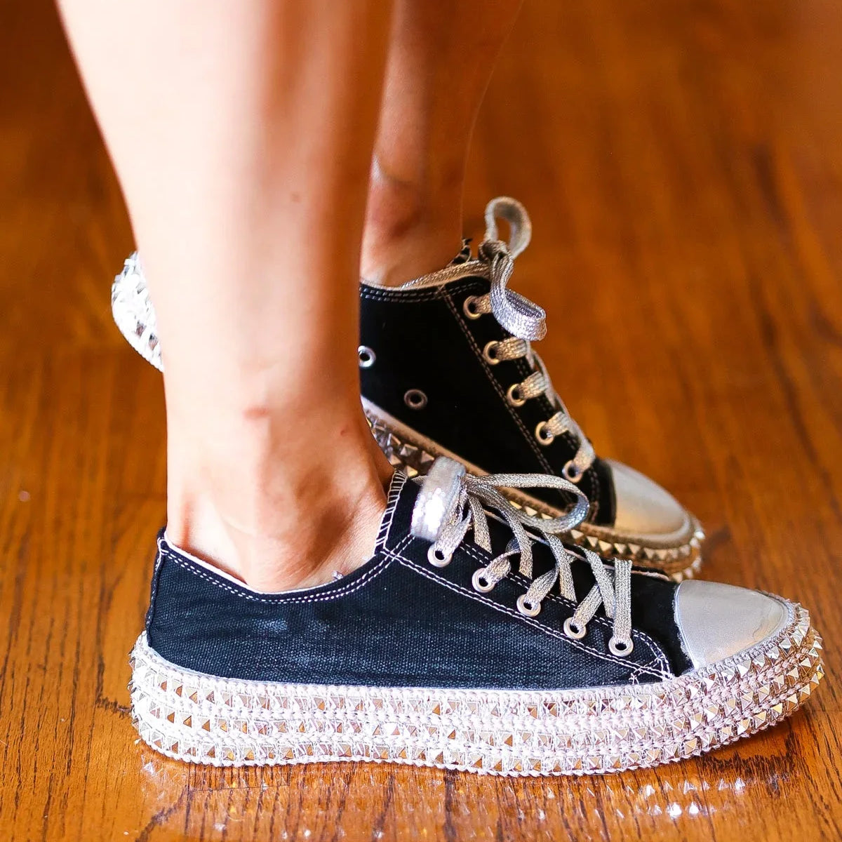 Get Their Attention Black Studded Canvas Sneakers | 2024 Blow-Out Sale Daverri Fashions