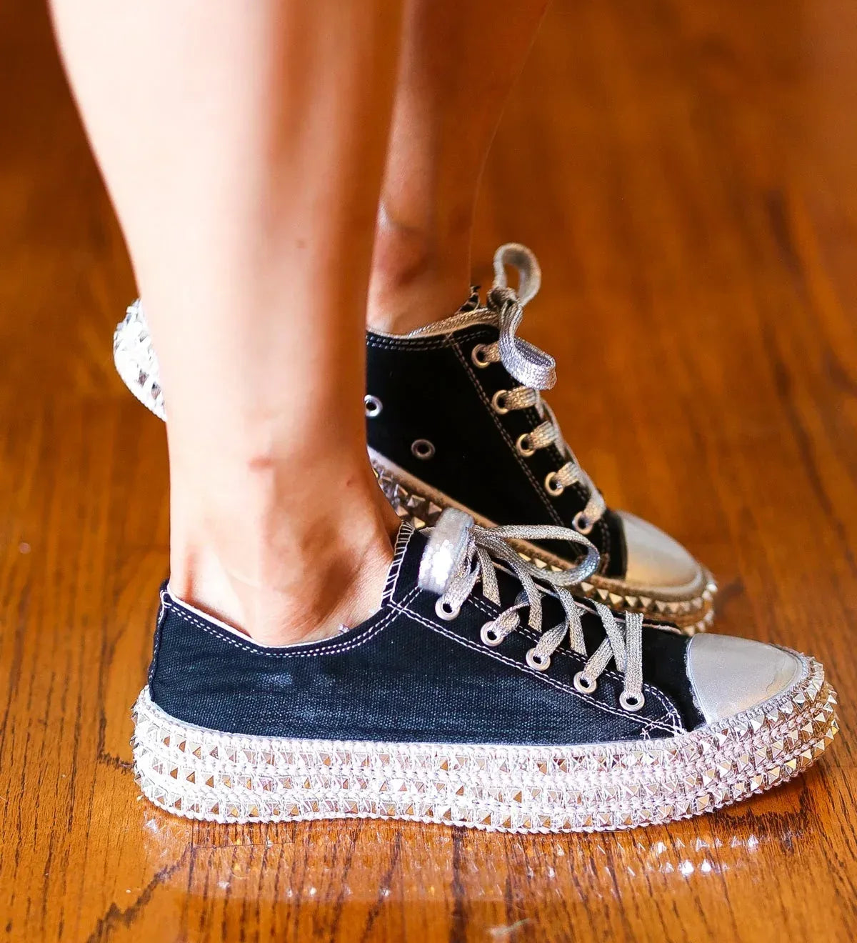 Get Their Attention Black Studded Canvas Sneakers - DAVERRI FASHIONS