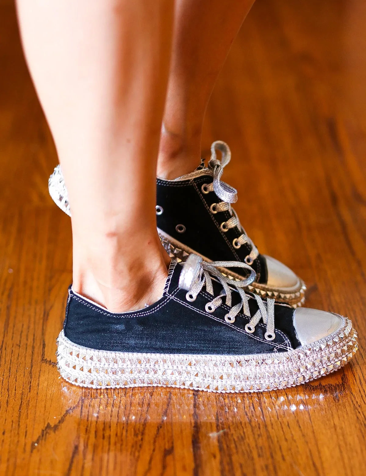 Get Their Attention Black Studded Canvas Sneakers | 2024 Blow-Out Sale Daverri Fashions