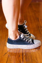 Get Their Attention Black Studded Canvas Sneakers | 2024 Blow-Out Sale Daverri Fashions