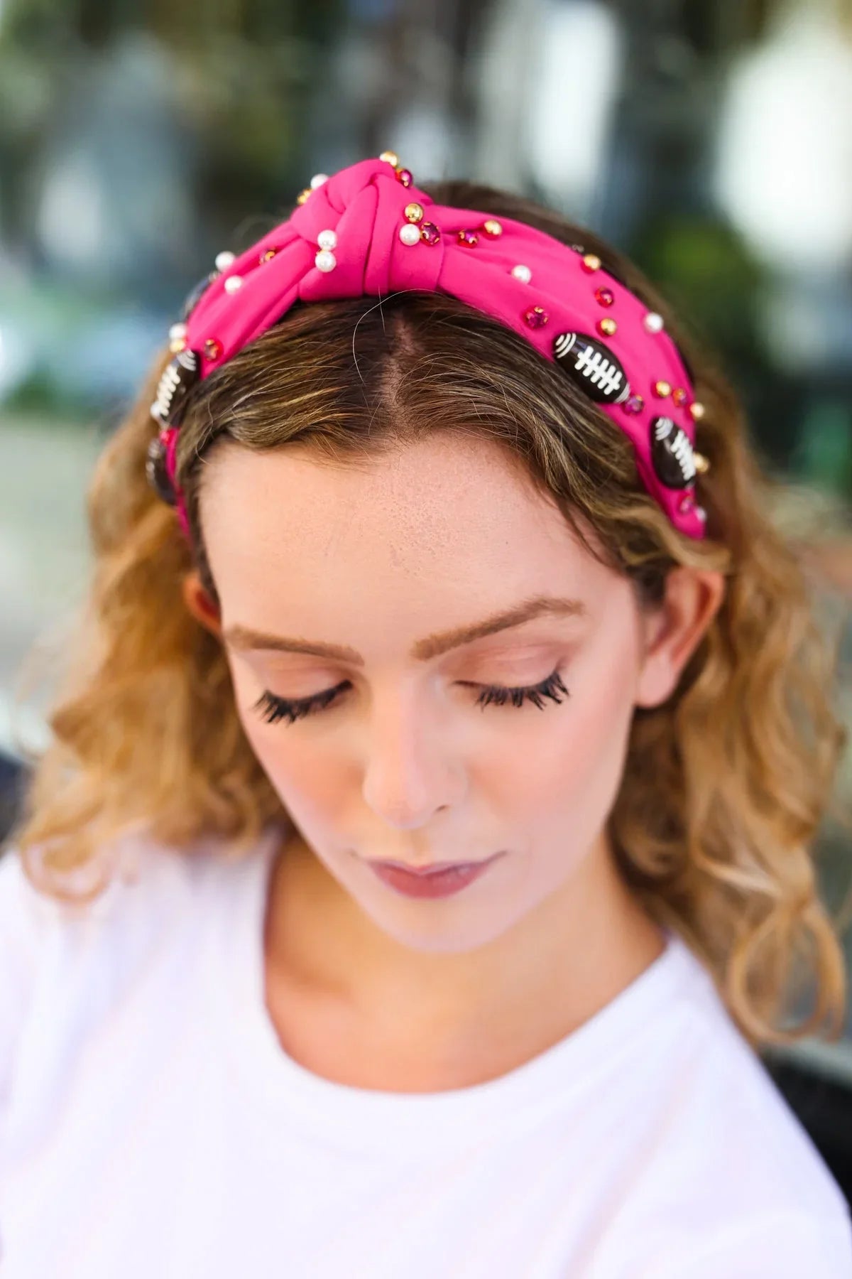 Fuchsia Stone & Gem Football Embellished Top Knot Headband | 07-01-25 Summer Sale Daverri Fashions